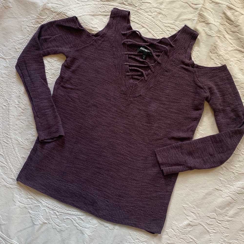 Express Cold Shoulder Lace Up Reversible Thermal Sweater